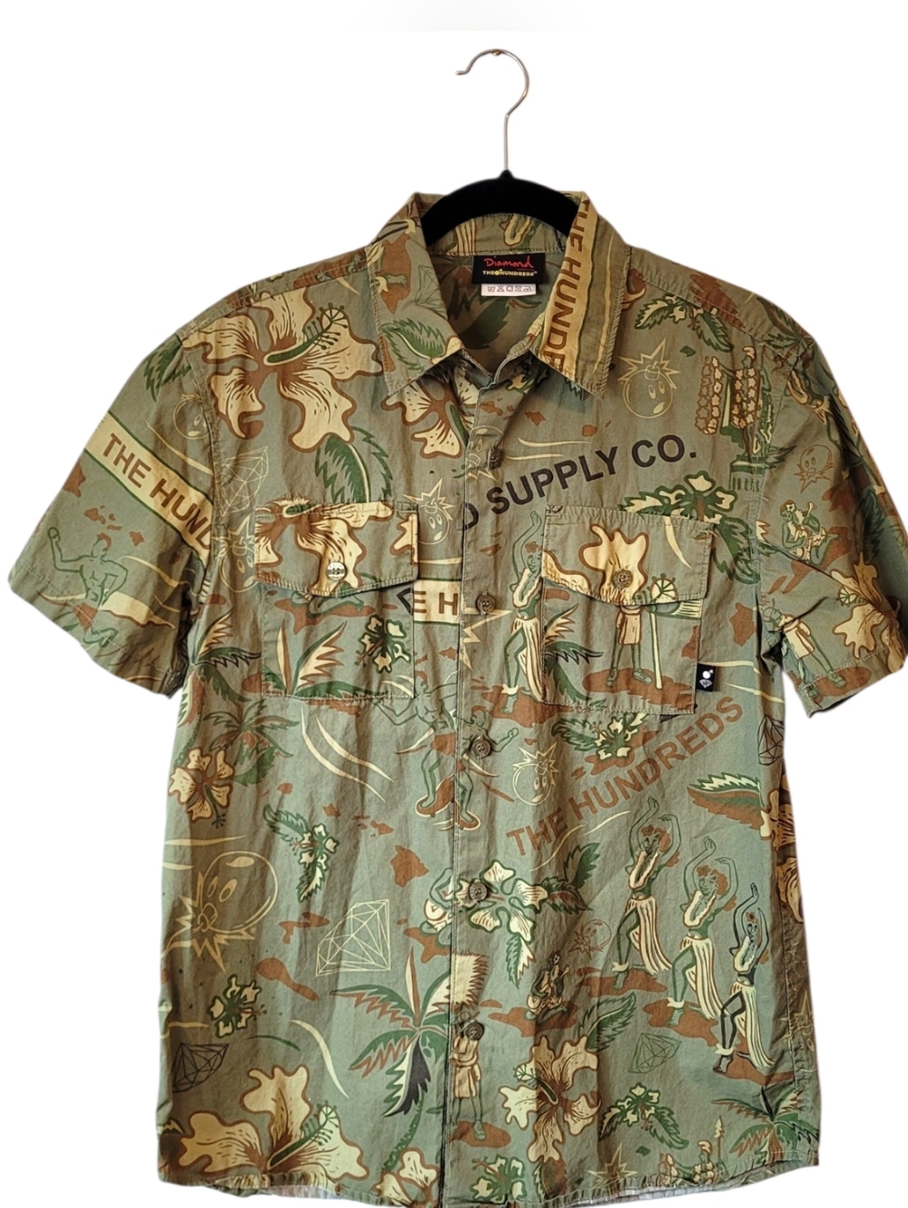 Diamond Supply Co X The Hundreds Olive and Tan Printed Short Sleeve Shirt Size M